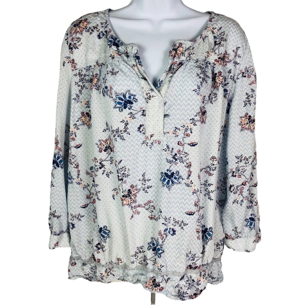 Carlson Womens Blouse Size L Light Blue Tiny Flowers Ruffled Hem Crochet